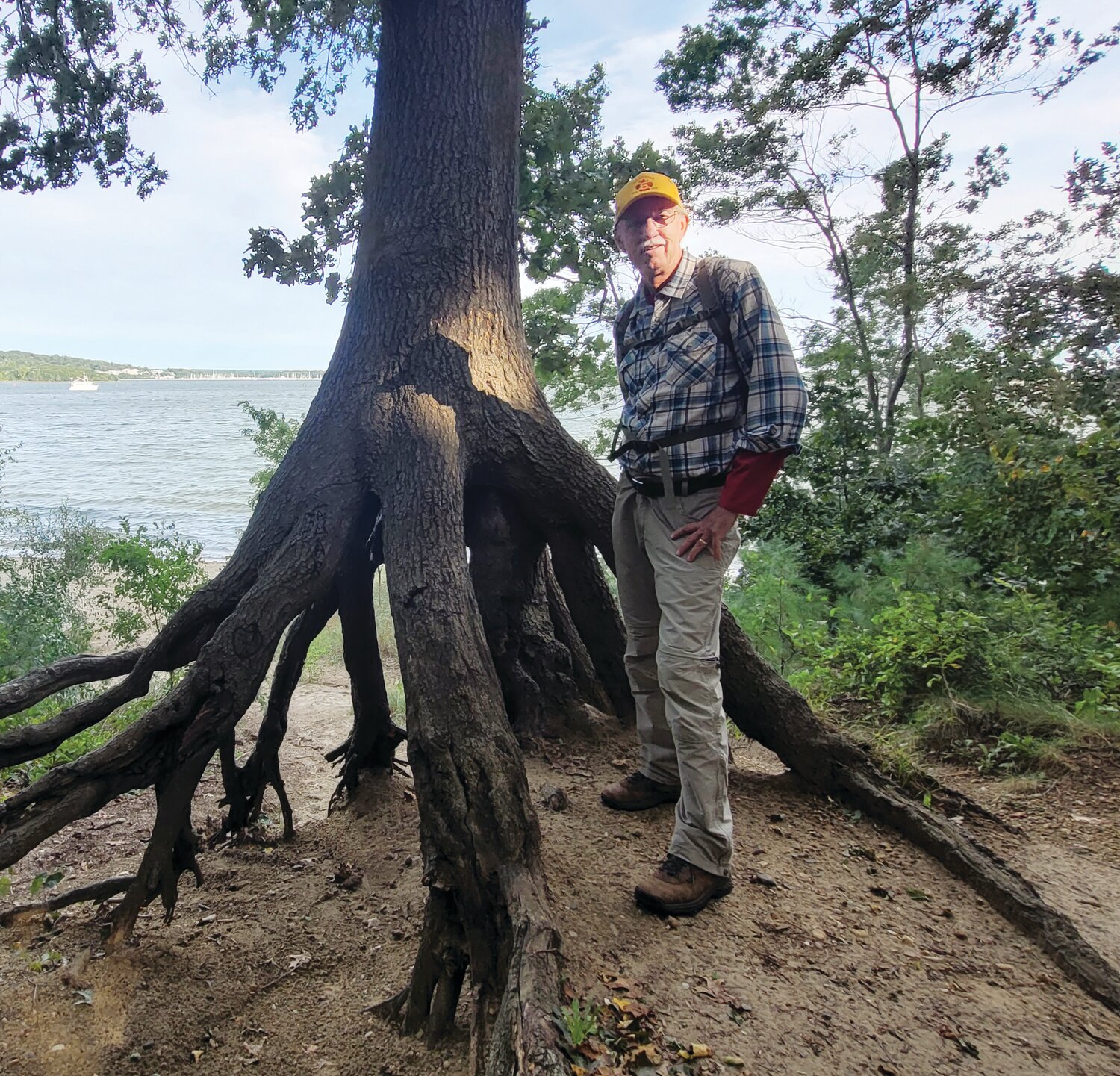 SURVIVING EROSION: John Kostrzewa stands by a beautiful survivor of erosion along the shoreline while walking a at Goddard State Park. The ex-newspaperman finds salvation in the woods on long walks. He shares his walking insights weekly with his column readers. Now, his columns have been compiled into a self-published book, “Walking Rhode Island: 40 Hikes for Nature and History Lovers with Pictures, GPS Coordinates, and Trail Maps.”